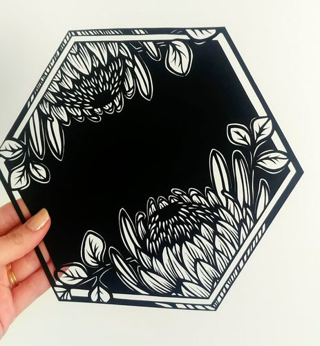 Customised Original Papercut - King Protea Hexagon - Handcut Paper Art